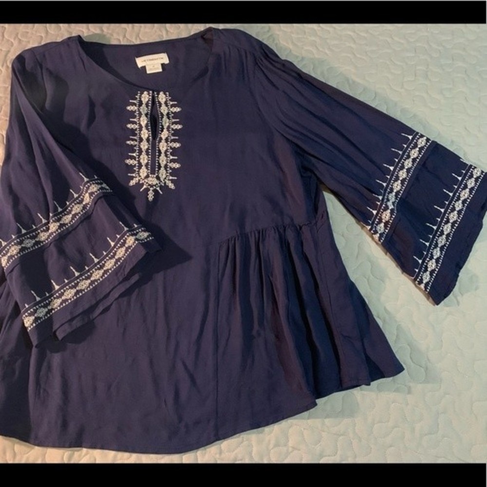 Liz Claiborne navy blue w/embroidery, boho tunic blouse, size M